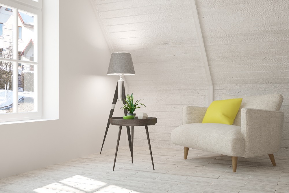 White,Room,With,Armchair,And,Winter,Landscape,In,Window.,Scandinavian
