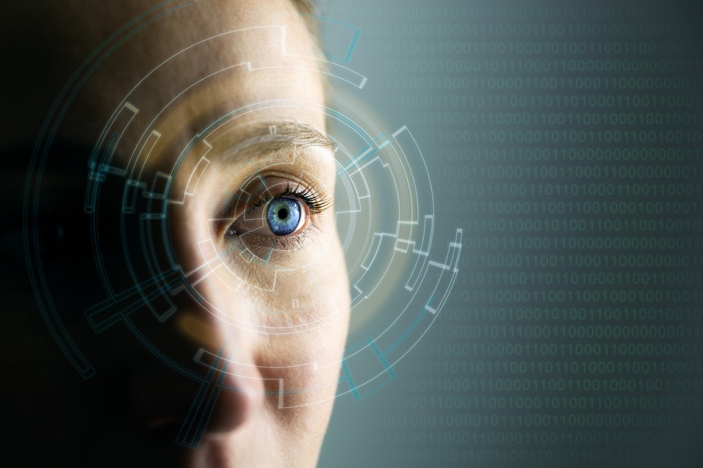 High Technologies in the future. Young woman’s eye and high-tech concept, augmented reality display, wearable computing