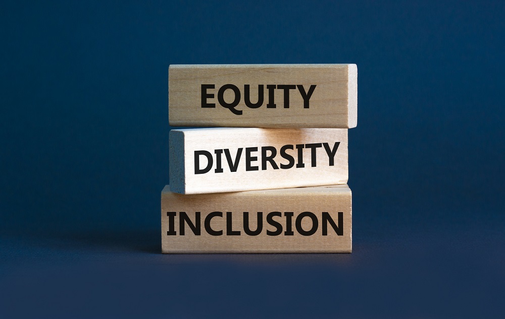 Diversity equity inclusion symbol. Concept words ‘Diversity equity inclusion’ on wooden blocks on beautiful grey background. Diversity, business, inclusion and equity concept.