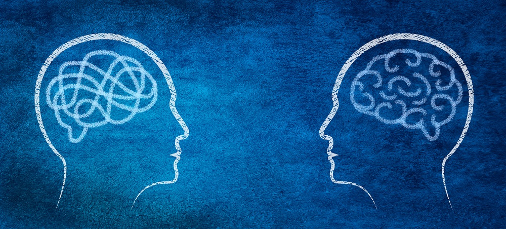 Different thinking, rational and irrational thinking concept. Mental health and problems with memory.